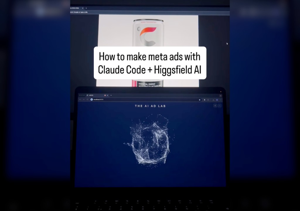 Laptop showing the AI Ad Lab with a glowing neural orb on screen; browser tab reads JARVIS