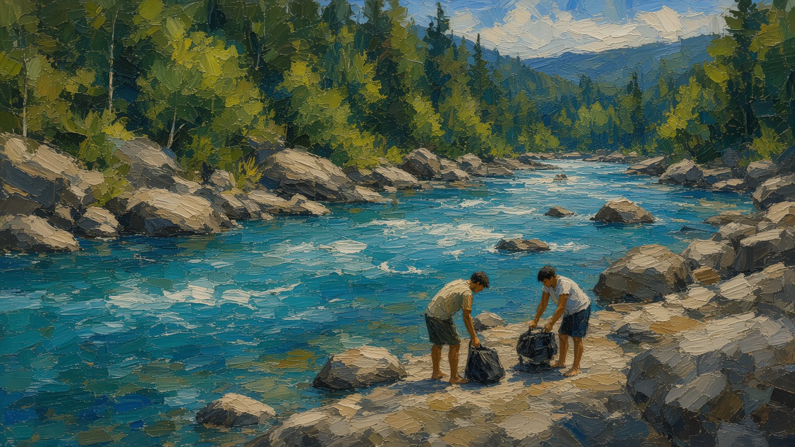 Two people collecting trash along a mountain river