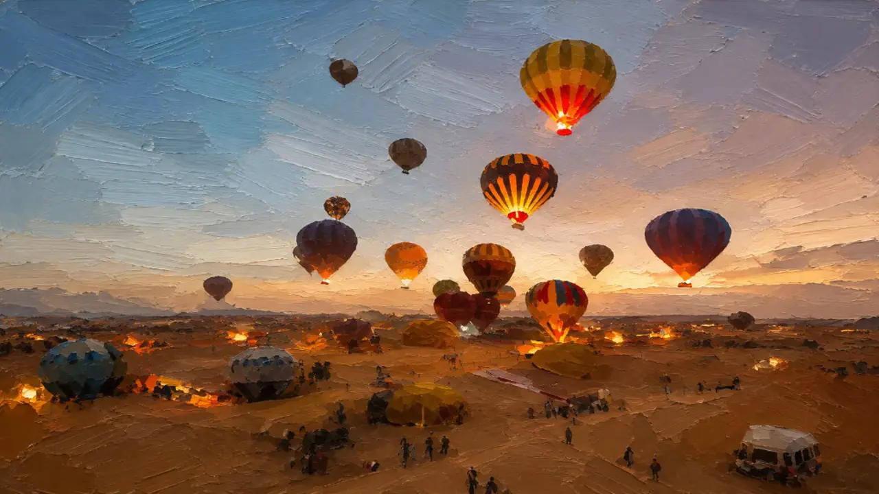 Oil painting of hot-air balloons lifting off a desert at dawn