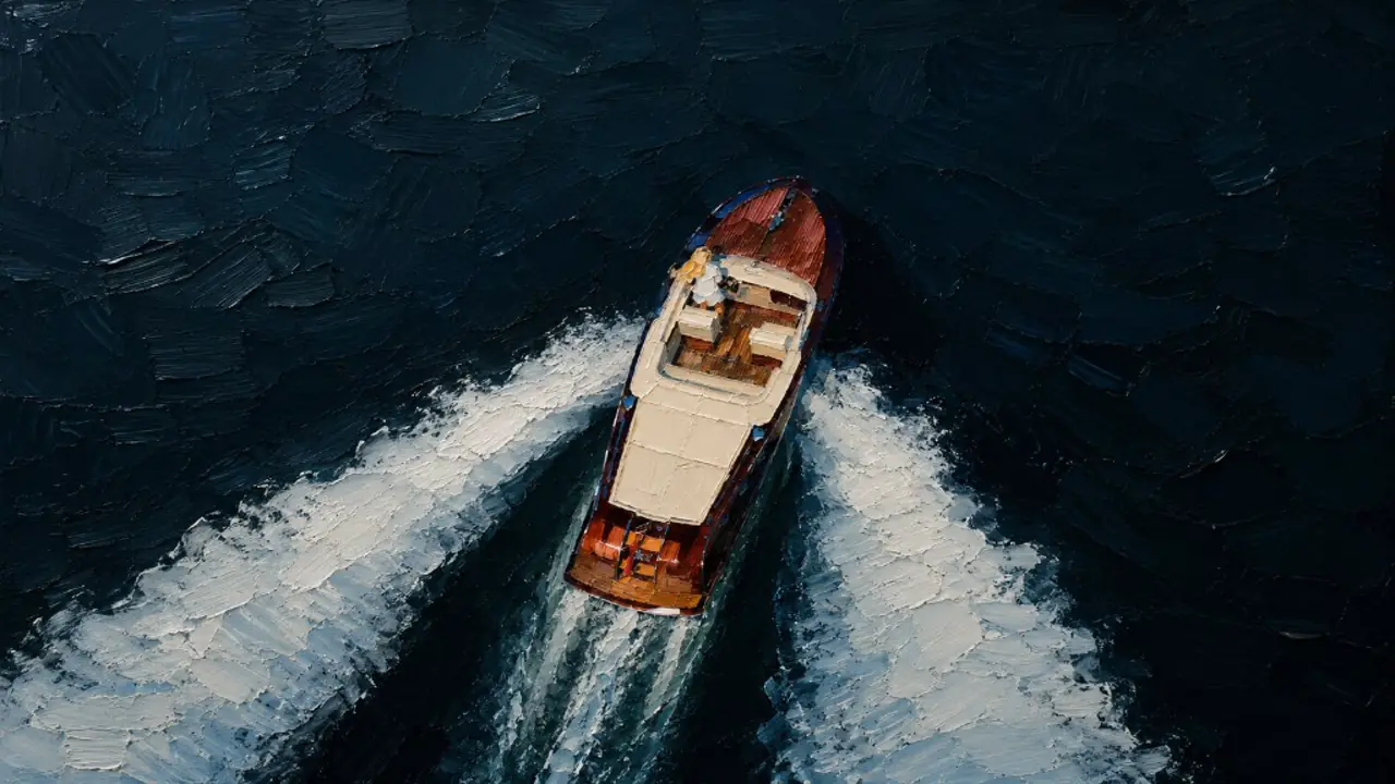 Oil painting from above of a wooden motor yacht cutting a white wake