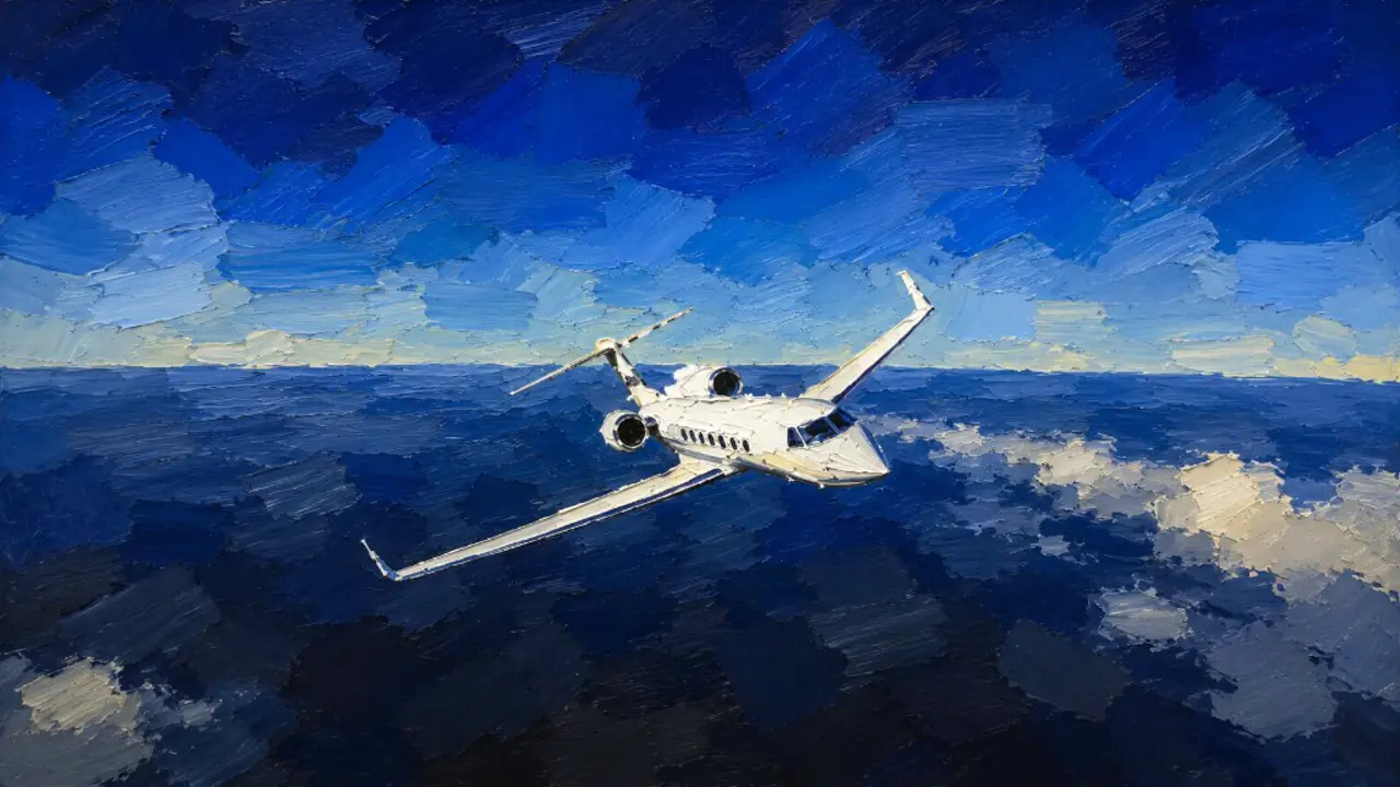 Oil painting of a white private jet over a deep-blue ocean