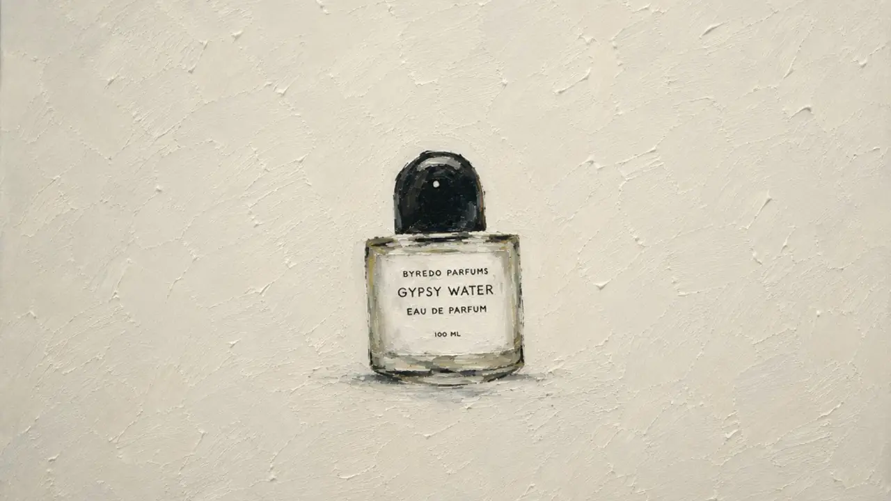 Oil painting of a Byredo Gypsy Water bottle on cream plaster