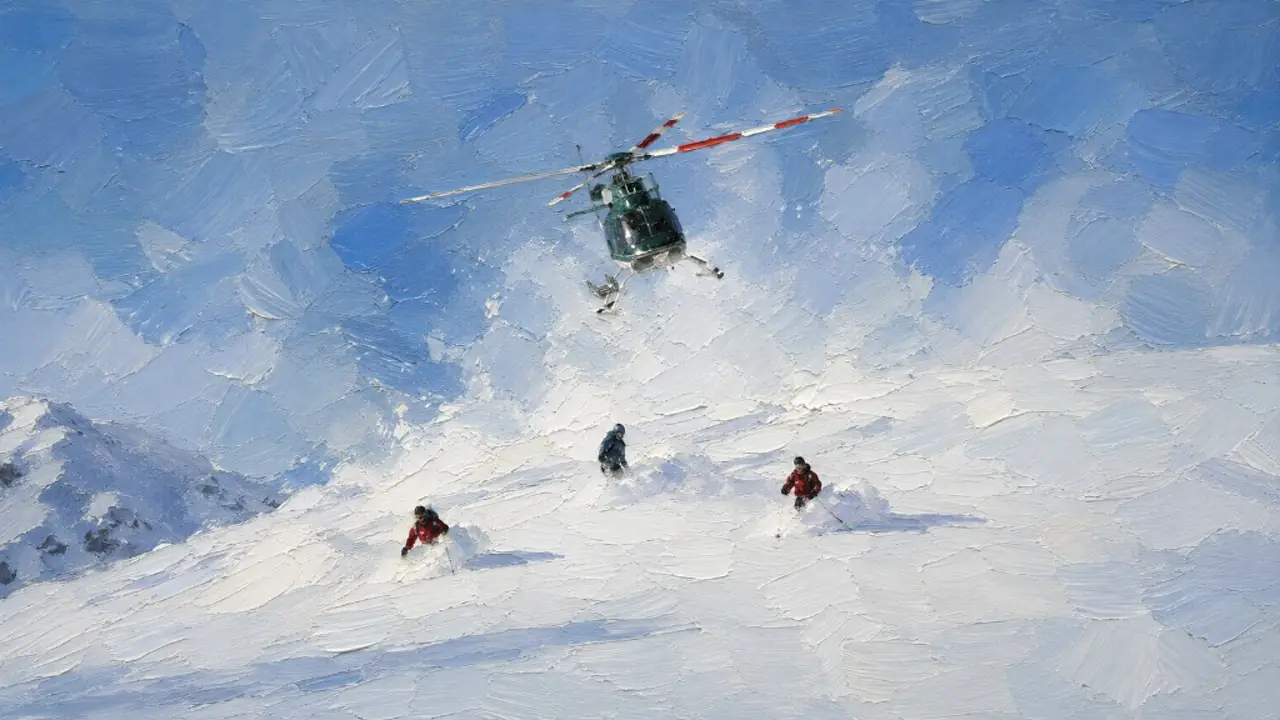 Oil painting of a helicopter over three skiers on a sunlit slope