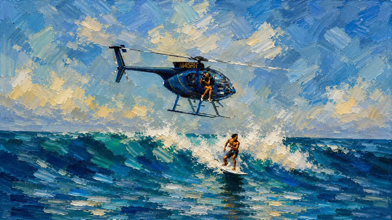 Oil painting of a blue helicopter over a surfer on a breaking wave