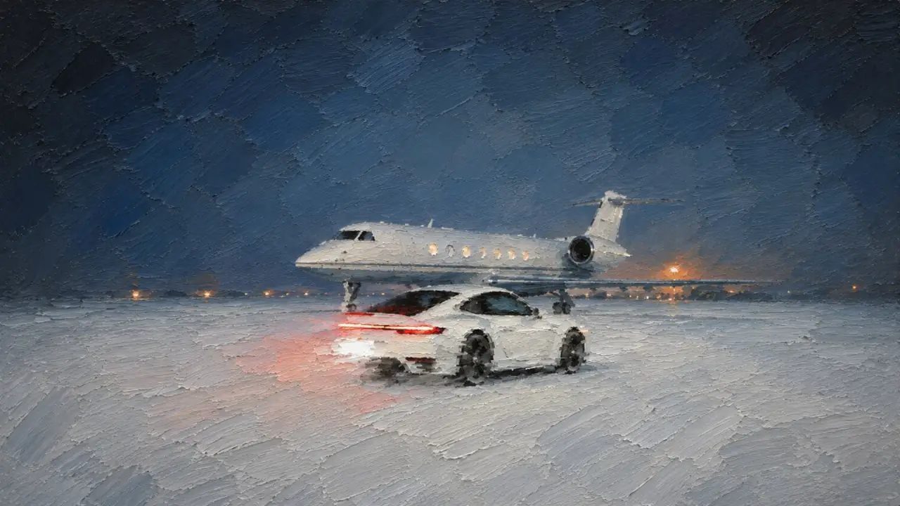Oil painting of a white jet and a white sports car on a night tarmac