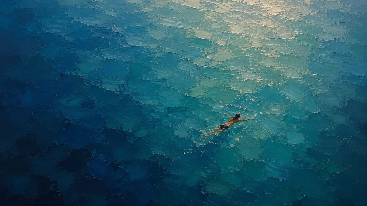 Oil painting from above of a swimmer in broken turquoise water