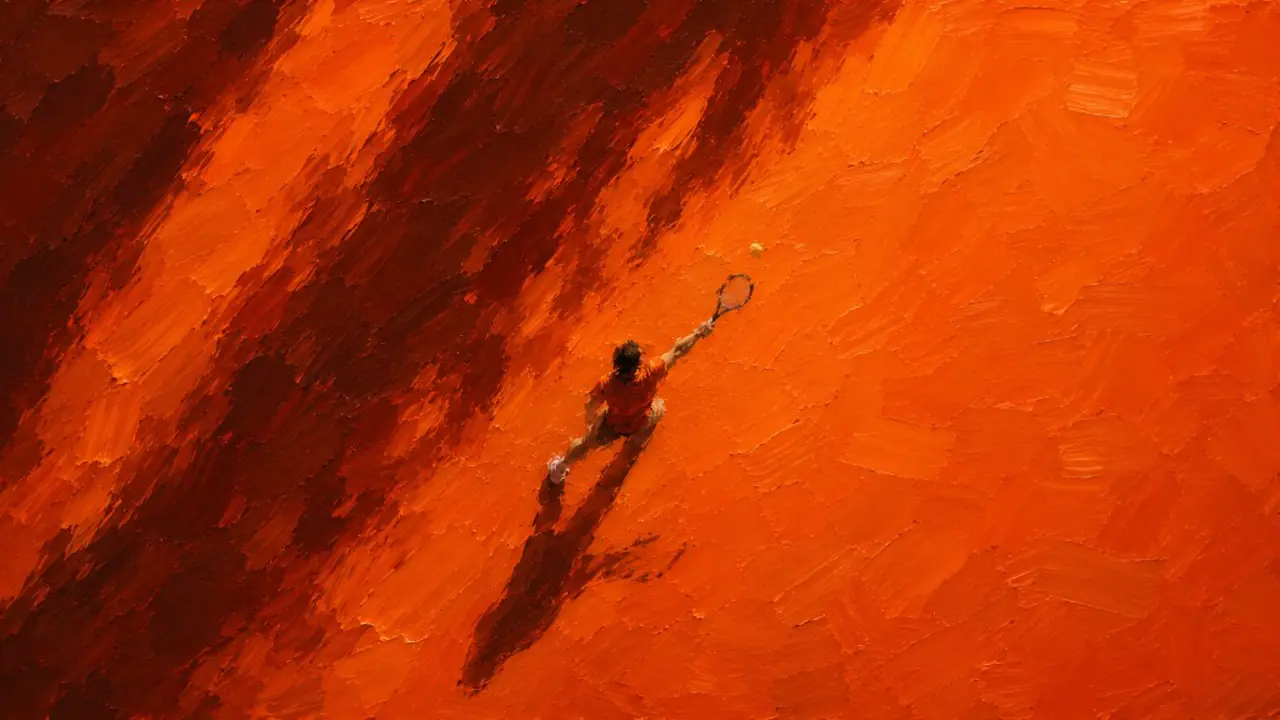 Oil painting from above of a player on a vermillion clay court