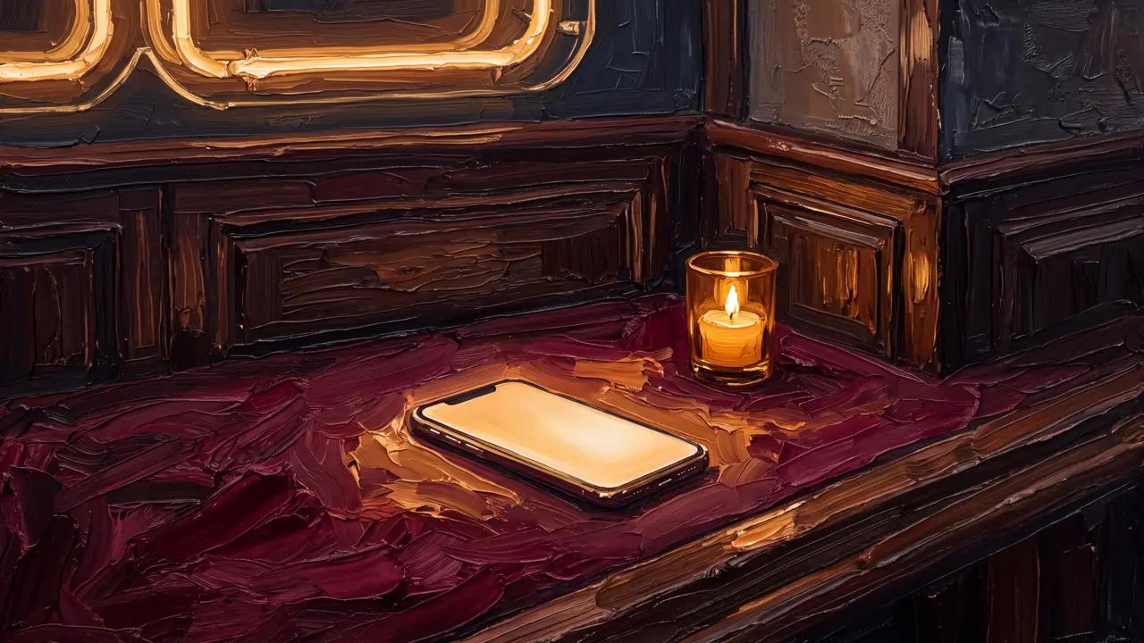 Oil painting of a glowing phone on a burgundy hotel bar