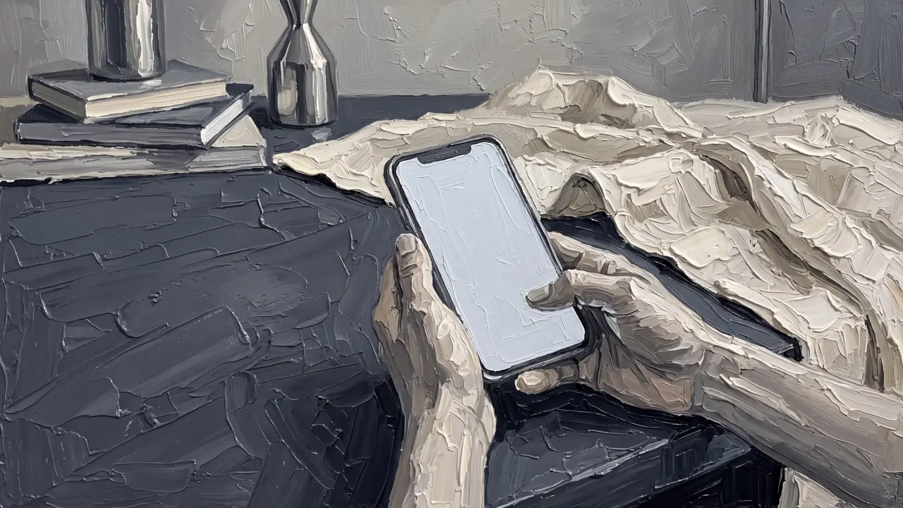 Oil painting of hands holding a phone on a slate table with cream linen