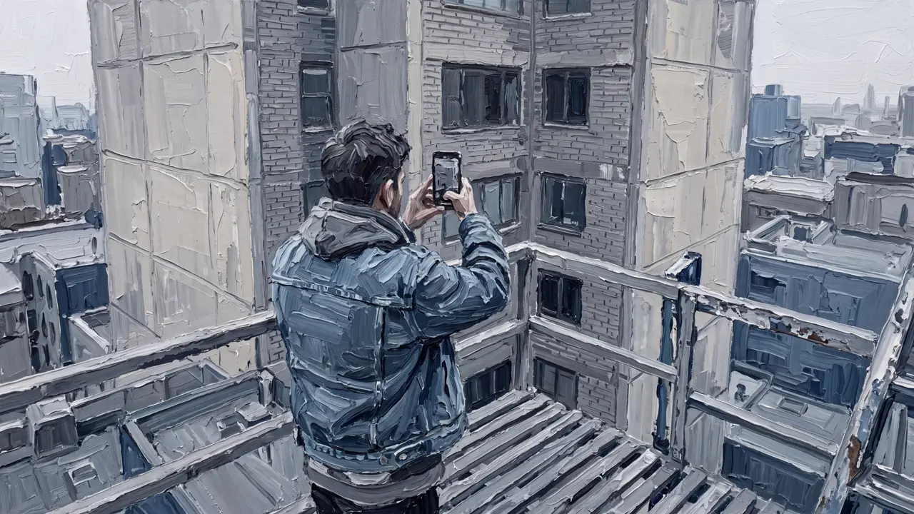 Oil painting of someone filming on a concrete fire escape in overcast light