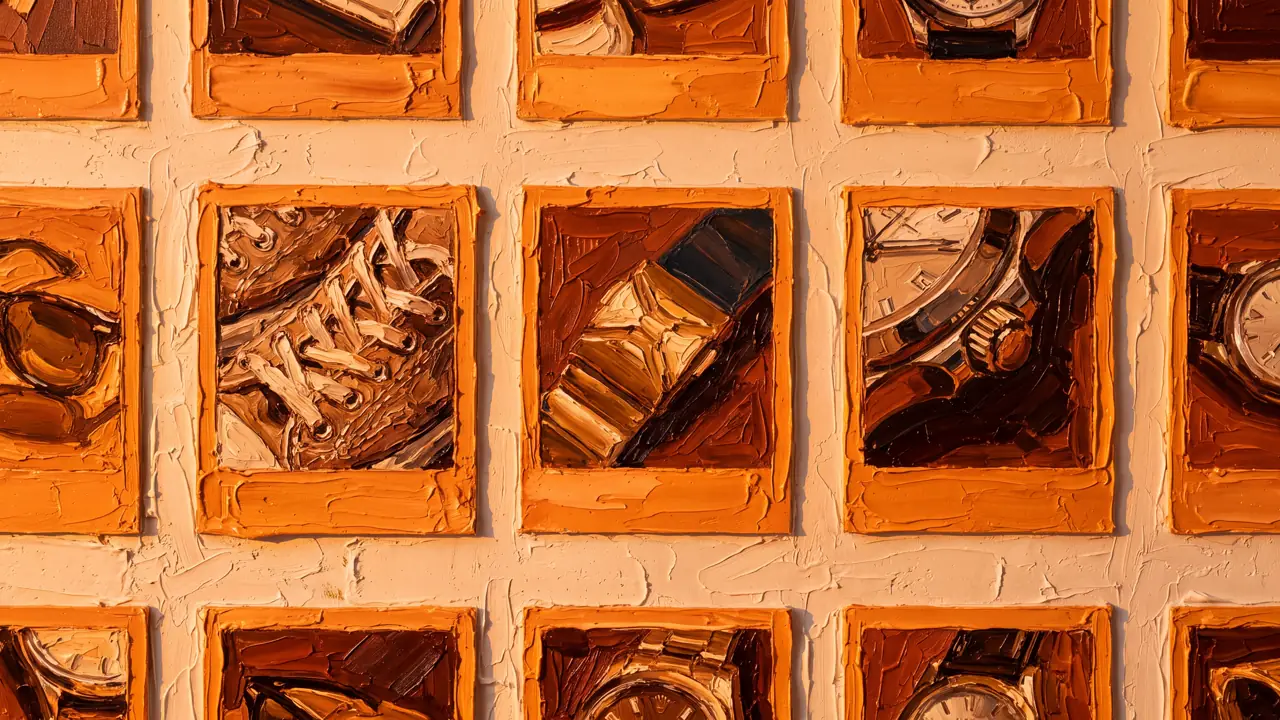 Oil painting of a wall of small polaroid stills on warm orange plaster