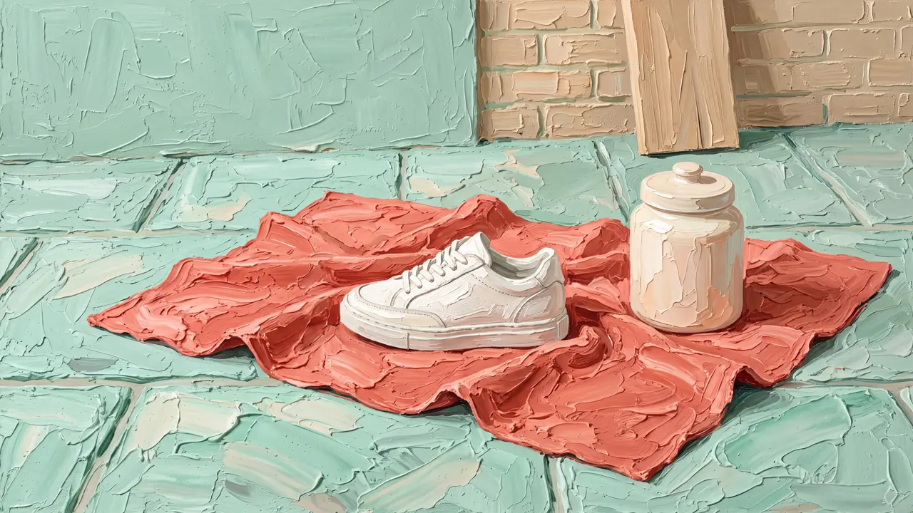 Oil painting of a sneaker and cream jar on coral cloth over mint stone