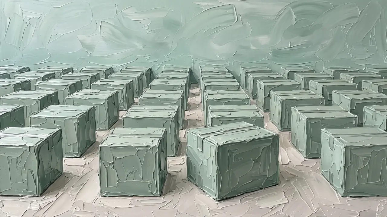 Oil painting of identical sage boxes in a celadon boutique