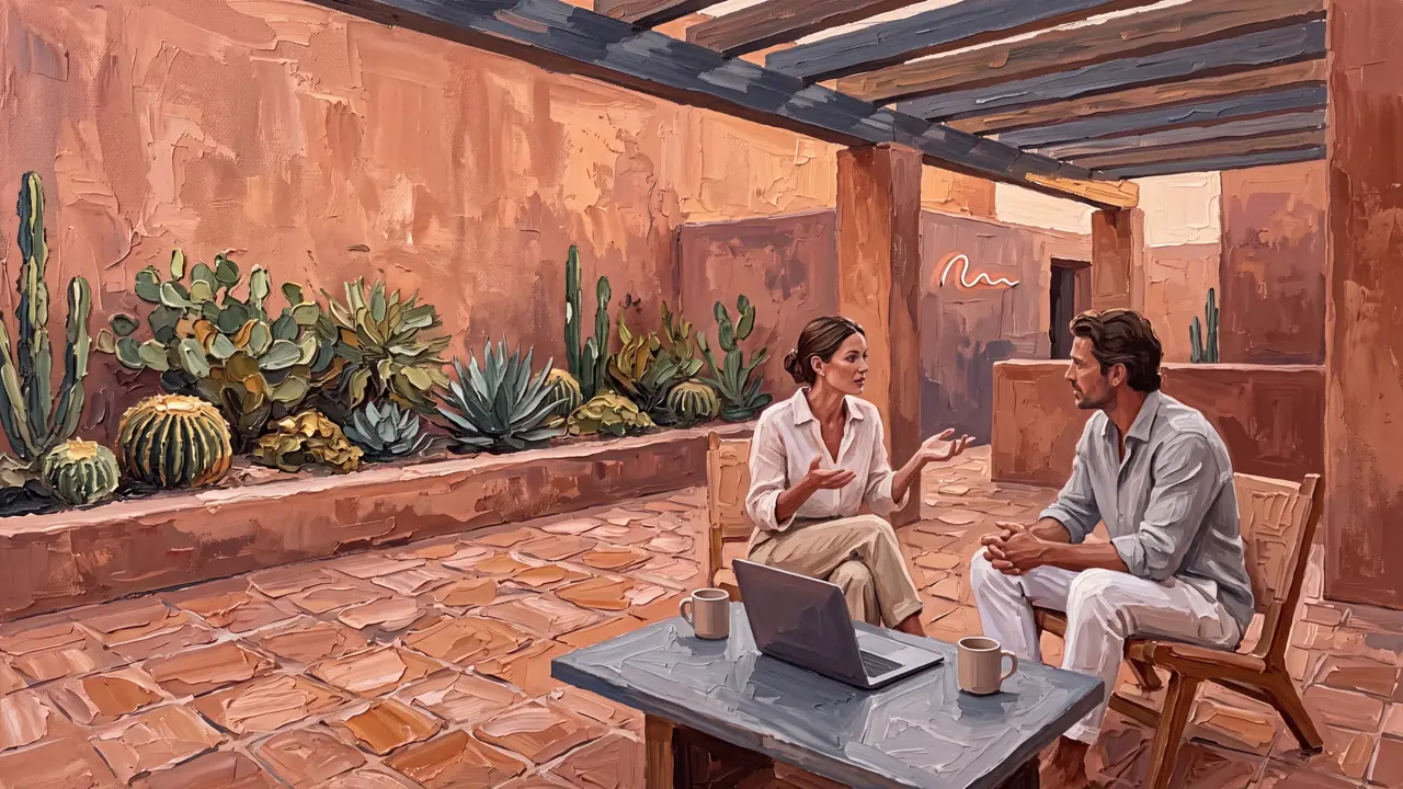 Oil painting of two people talking on a terracotta terrace