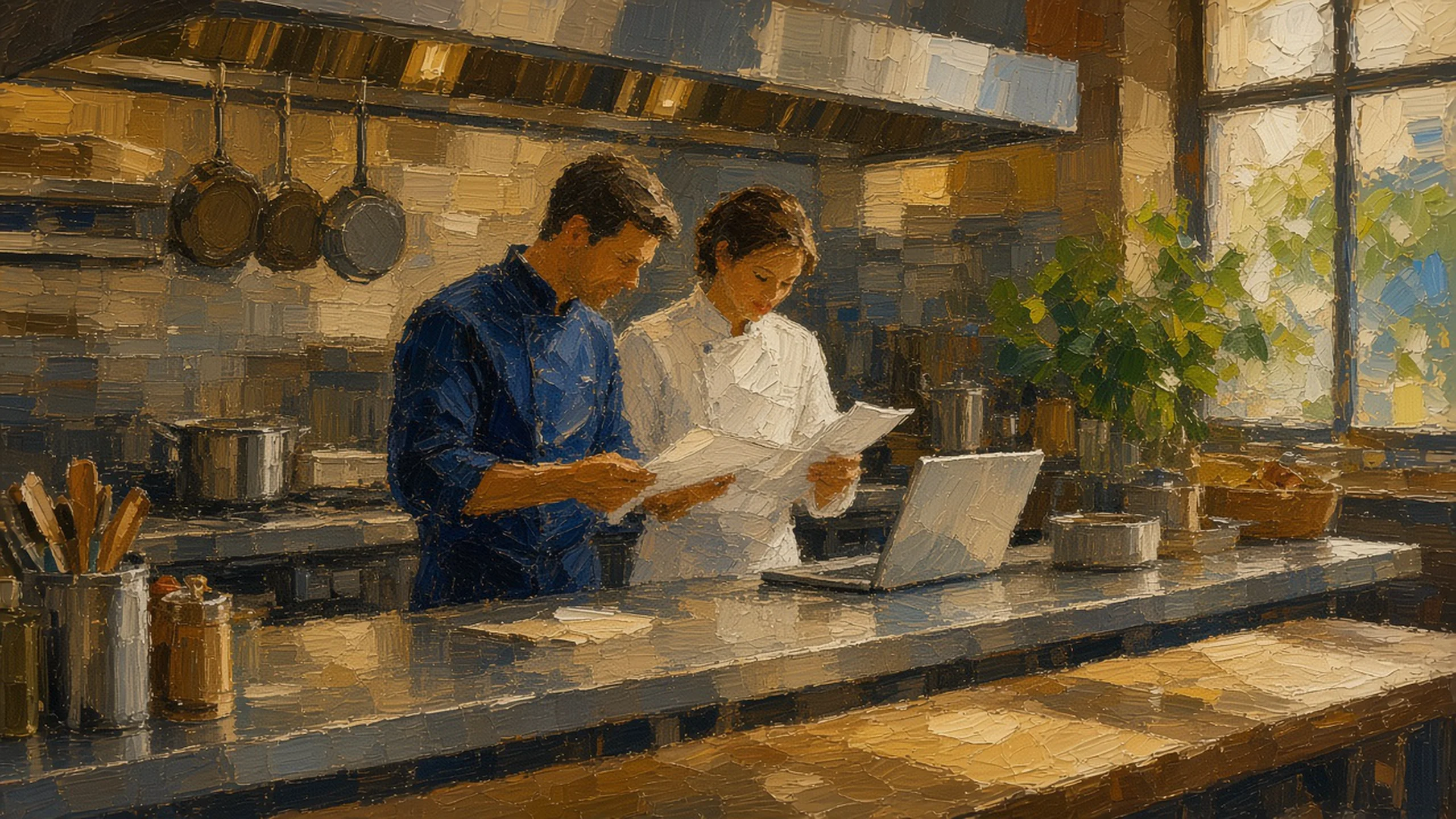 A cook and a colleague reviewing tickets in a sunlit kitchen